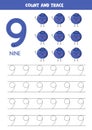 Trace numbers. Number nine. Cute cartoon blueberries. Royalty Free Stock Photo