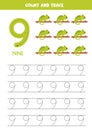 Trace numbers. Number 9 nine. Cute cartoon chameleons