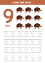 Trace numbers. Number 9 nine. Cute cartoon echidna