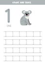 Trace numbers. Number 1 one. Cute cartoon koala