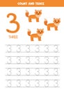 Trace numbers. Number 3 three. Cute cartoon foxes Royalty Free Stock Photo