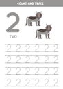 Trace numbers. Number 2 two. Cute cartoon wolves Royalty Free Stock Photo