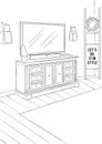 A beautiful rustic television room black and white vector line art illustration