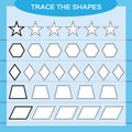 Trace the shapes. Kids education. Preschool worksheet. Basic writing. Kids doing worksheets. Fine motor skills. White