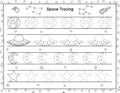 Trace space objects activity page for kids. Black and white handwriting practice worksheet