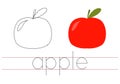 Trace word apple. English worksheet for kids. Cartoon colorful apple.