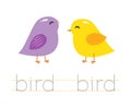 Trace word bird. English worksheet for kids. Cartoon cute colorful birds.