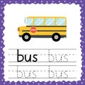 Trace word - Bus flash card for toddlers. Tracing practice worksheet