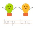 Trace word lamp. English worksheet for kids. Cartoon cute colorful lamps.