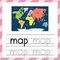 Trace the word - Map. Educational worksheet for kids. Tracing practice material