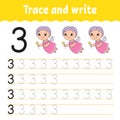 Trace and write. Handwriting practice. Learning numbers for kids. Education developing worksheet. Activity page. Game for toddlers