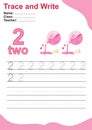 Number two tracing practice worksheet two love potion valentine edition for kids learning to count and to write. Royalty Free Stock Photo
