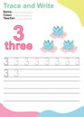 Number three tracing practice worksheet with three baby dragons sleeping on the cloud