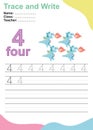 Number four tracing practice worksheet with four baby dragons eating spicy chili