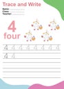 Number four tracing practice worksheet with 4 rabbits with easter eggs. Page for kids learning to count and to write. Royalty Free Stock Photo