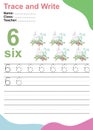 Number six tracing practice worksheet with 6 rabbits with easter egg. Royalty Free Stock Photo