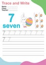 Number seven tracing practice worksheet with 7 rabbits with easter egg Royalty Free Stock Photo