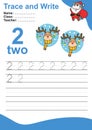 Trace and write number for children. Exercise for children to recognize the number