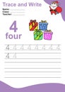 Trace and write number for children. Exercise for children to recognize the number