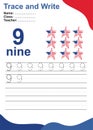 Number nine tracing practice worksheet with 9 american stars for kids learning to count and to write with 4th July theme. Royalty Free Stock Photo