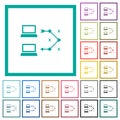 Traceroute remote computer flat color icons with quadrant frames