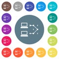 Traceroute remote computer flat white icons on round color backgrounds