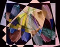 A tracery of colorful bird feathers is set against a pink-lilac-black background. Abstract fantasy.