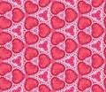Tracery pattern of pink hearts with folk art on white background. Texture with floral ornament