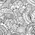Tracery seamless pattern. Mehndi design. Binary monochrome black and white. Ethnic doodle texture. Curved doodling background.