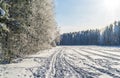 Traces of the ATV on a frozen lake in a bright Sunny day in winter. Royalty Free Stock Photo