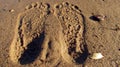 Traces of bare feet left on the wet sand of the city river Bank