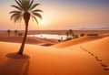 Traces of a caravan and a person on the sand in the hot Sahara, an oasis with palm trees and a lake in the background Royalty Free Stock Photo