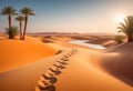 Traces of a caravan and a person on the sand in the hot Sahara, an oasis with palm trees and a lake in the background Royalty Free Stock Photo