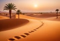 Traces of a caravan and a person on the sand in the hot Sahara, an oasis with palm trees and a lake in the background Royalty Free Stock Photo