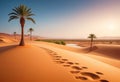 Traces of a caravan and a person on the sand in the hot Sahara, an oasis with palm trees and a lake in the background Royalty Free Stock Photo