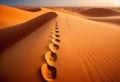 Traces of a caravan and a person on the sand in the hot Sahara, an oasis with palm trees and a lake in the background Royalty Free Stock Photo