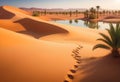 Traces of a caravan and a person on the sand in the hot Sahara, an oasis with palm trees and a lake in the background Royalty Free Stock Photo