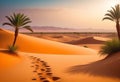 Traces of a caravan and a person on the sand in the hot Sahara, an oasis with palm trees and a lake in the background Royalty Free Stock Photo
