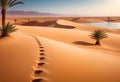 Traces of a caravan and a person on the sand in the hot Sahara, an oasis with palm trees and a lake in the background Royalty Free Stock Photo