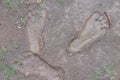Traces of feet of people on mud