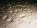 Traces of feet in powder snow. Frozen straw of grass covered with frost. Dark chilly night. Royalty Free Stock Photo