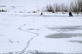 Traces of a fisherman on ice. A fisherman in the distance catches a fish Royalty Free Stock Photo