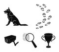 Traces on the ground, service shepherd, security camera, fingerprint. Prison set collection icons in black style vector