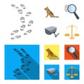 Traces on the ground, service shepherd, security camera, fingerprint. Prison set collection icons in cartoon,flat style