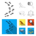 Traces on the ground, service shepherd, security camera, fingerprint. Prison set collection icons in outline,flat style