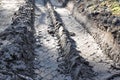 Traces of the tread of a truck tire on the ground, dirt. Track Royalty Free Stock Photo