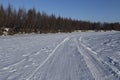 Traces of a vehicle in the snow.