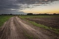 Traces of wheels on a sandy road, fields and evening clouds, Zarzecze, Poland Royalty Free Stock Photo