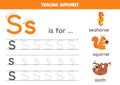 Writing uppercase and lowercase letter S. Cute illustration of squirrel, sloth, seahorse. Printable worksheet.