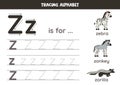 Writing uppercase and lowercase letter z. Printable worksheet. Cute illustration of zonkey, zebra, zorilla.